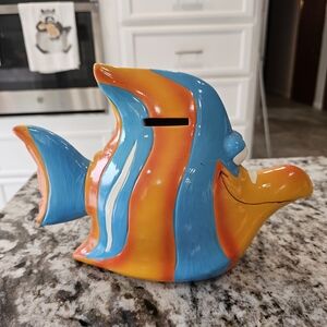 Ceramic Striped Fish Coin Bank - Blue & Orange